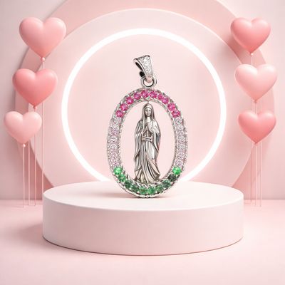 Dije Medalla tricolor Virgen de Guadalupe, mide 3.5 CM Plata Italiana 925