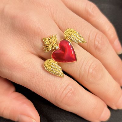 Anillo Corazon Esmaltado Alas  Ajustable Blass Plated
