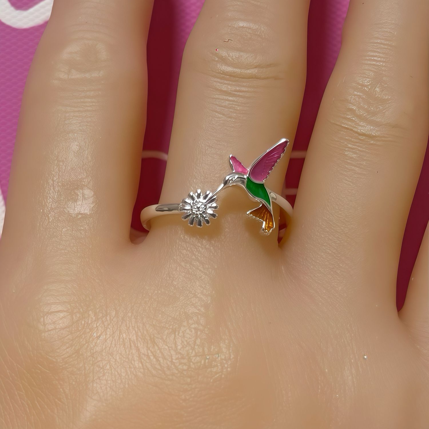 Anillo Colibri en Flor Esmaltado, Plata Mexicana 925