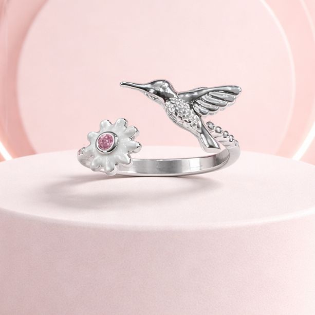 Anillo Artesanal Colibri  flor esmaltado Ajustable, Plata Mexicana .925