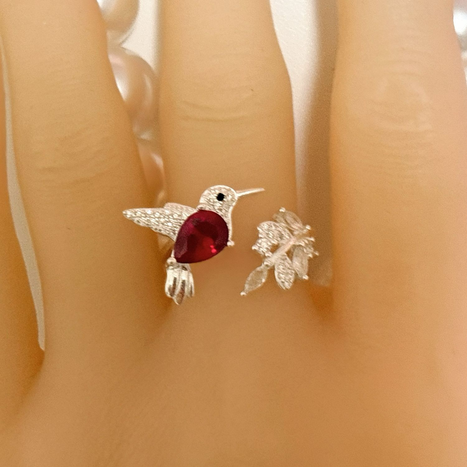 Anillo Colibri Rojo Multi zirconias Plata Mexicana 925
