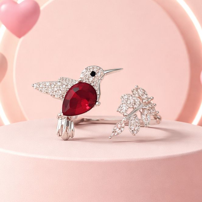 Anillo Colibri Rojo Multi zirconias Plata Mexicana 925