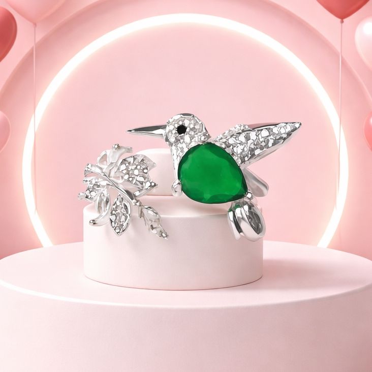 Anillo Artesanal Colibri  Color Verde esmeralda Multi Zirconias, Plata Mexicana .925