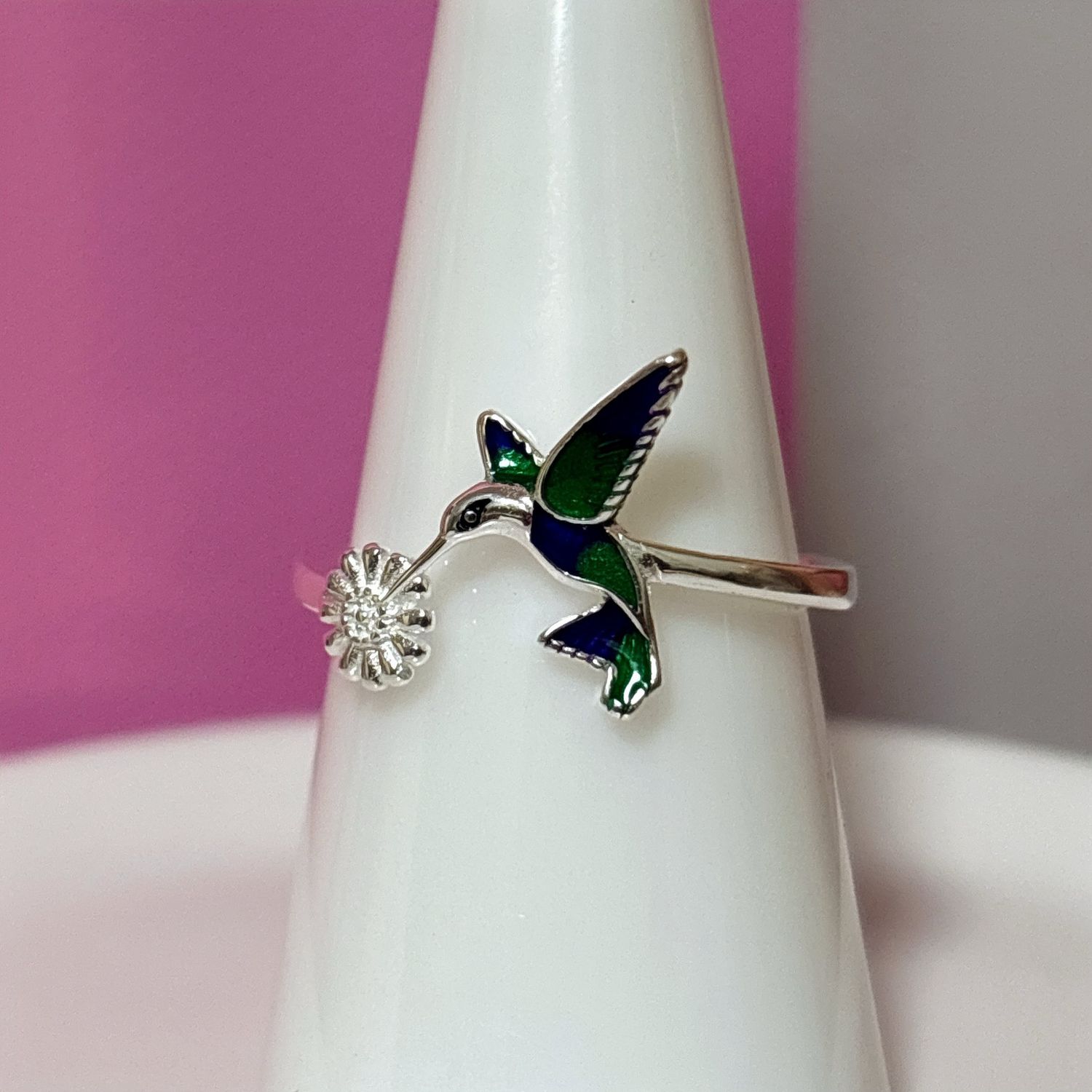 Anillo Colibri en Flor Esmaltado, Talla #8 Plata Mexicana 925