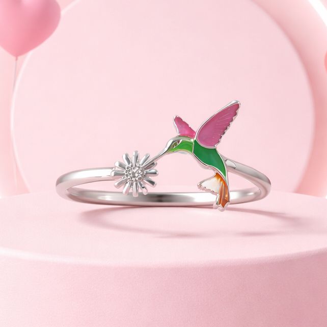 Anillo Colibri en Flor Esmaltado, Talla #8 Plata Mexicana 925