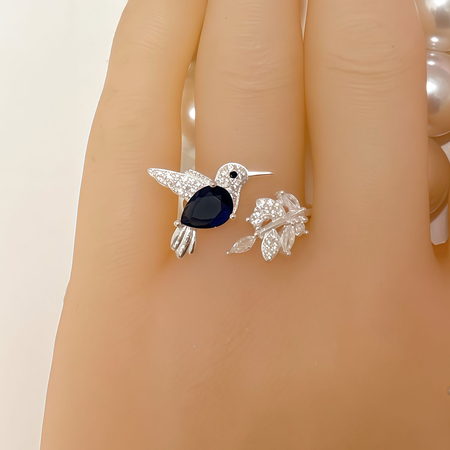 Anillo Artesanal Colibri  Color Navy Multi Zirconias, Plata Mexicana .925
