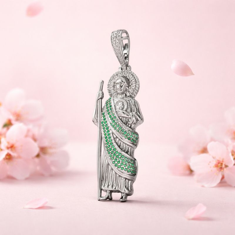 Dije San 3D Judas Manto Verde  mide 6cm, Plata Italiana con Rodio