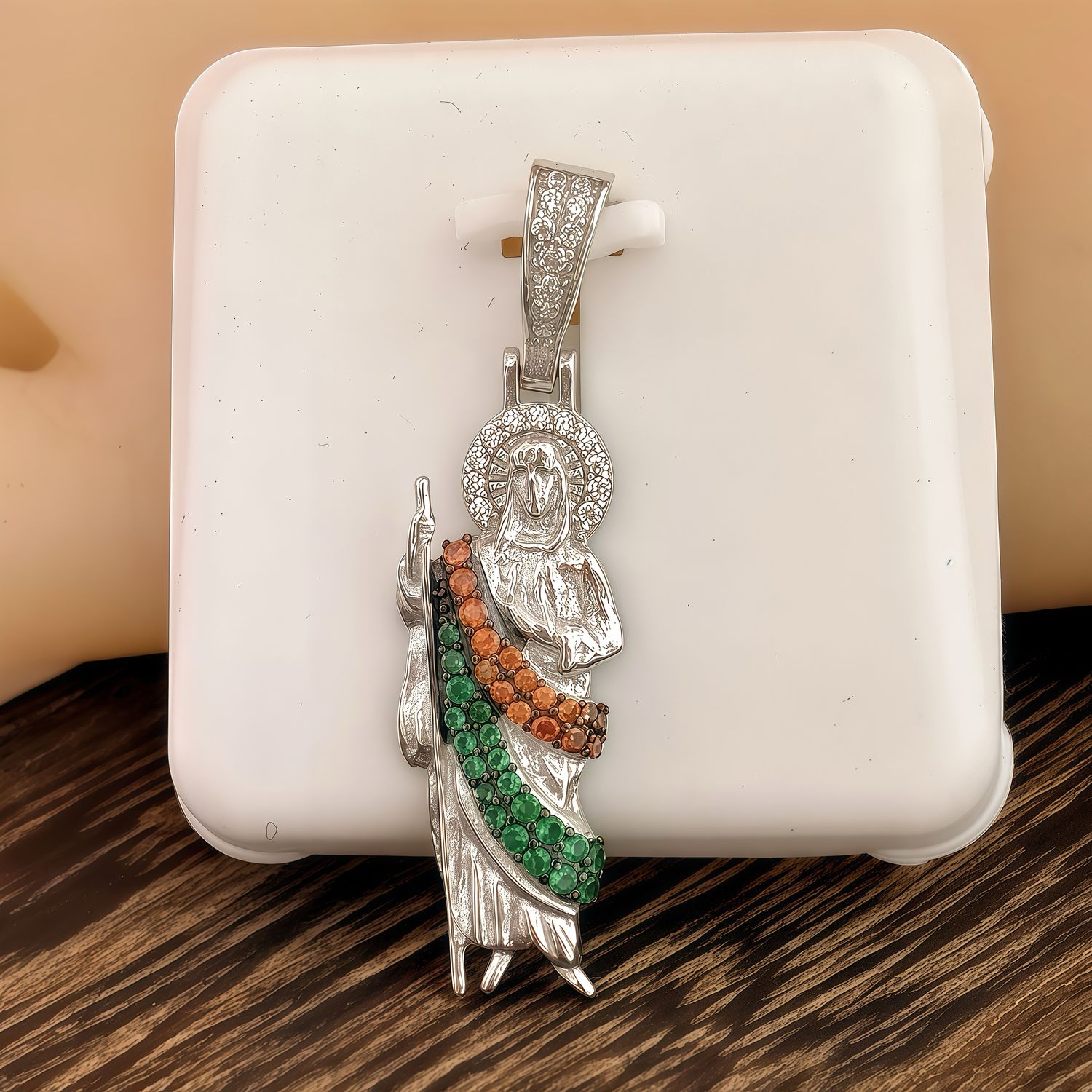 Duje San Judas Tricolor zirconias Micropabe, Mide 3.5CM, Plata Italiana 925 con Rodio