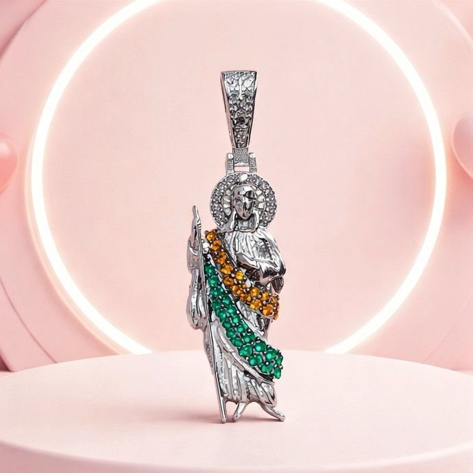 Duje San Judas Tricolor zirconias Micropabe, Mide 3.5CM, Plata Italiana 925 con Rodio