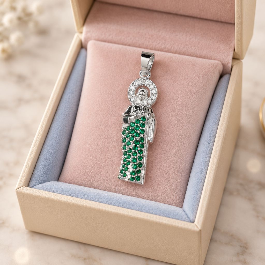 Dije san Judas Manto verde, 3.5CM, Plata  925 Mexicana