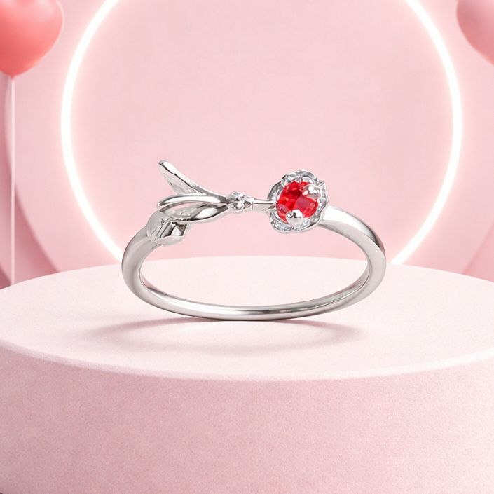 Anillo  Artesanal Colibri en flor con Zirconia Roja, Plta Mexicana 925