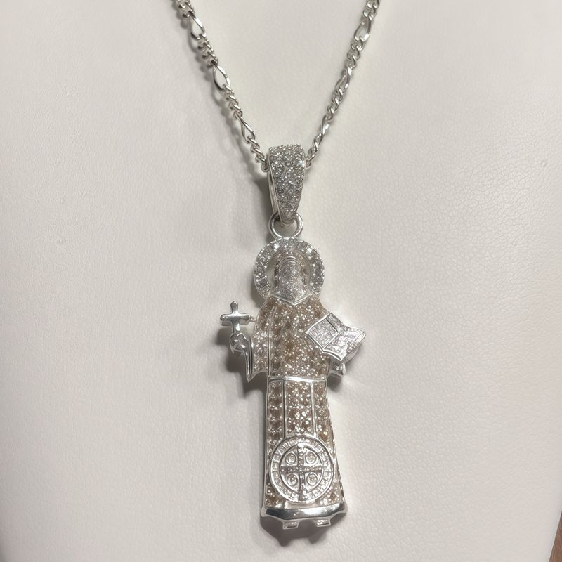 Duo Cadena &amp; Dije San Benito montado en micropabe, Plata Mexicana 925