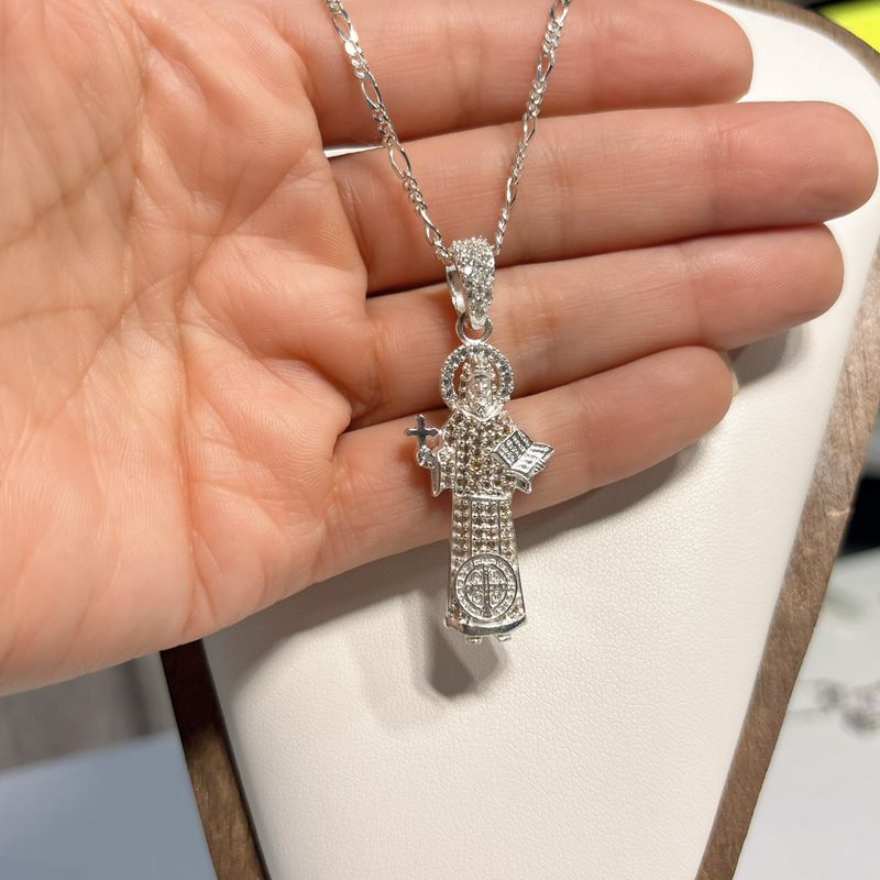 Duo Cadena &amp; Dije San Benito montado en micropabe, Plata Mexicana 925