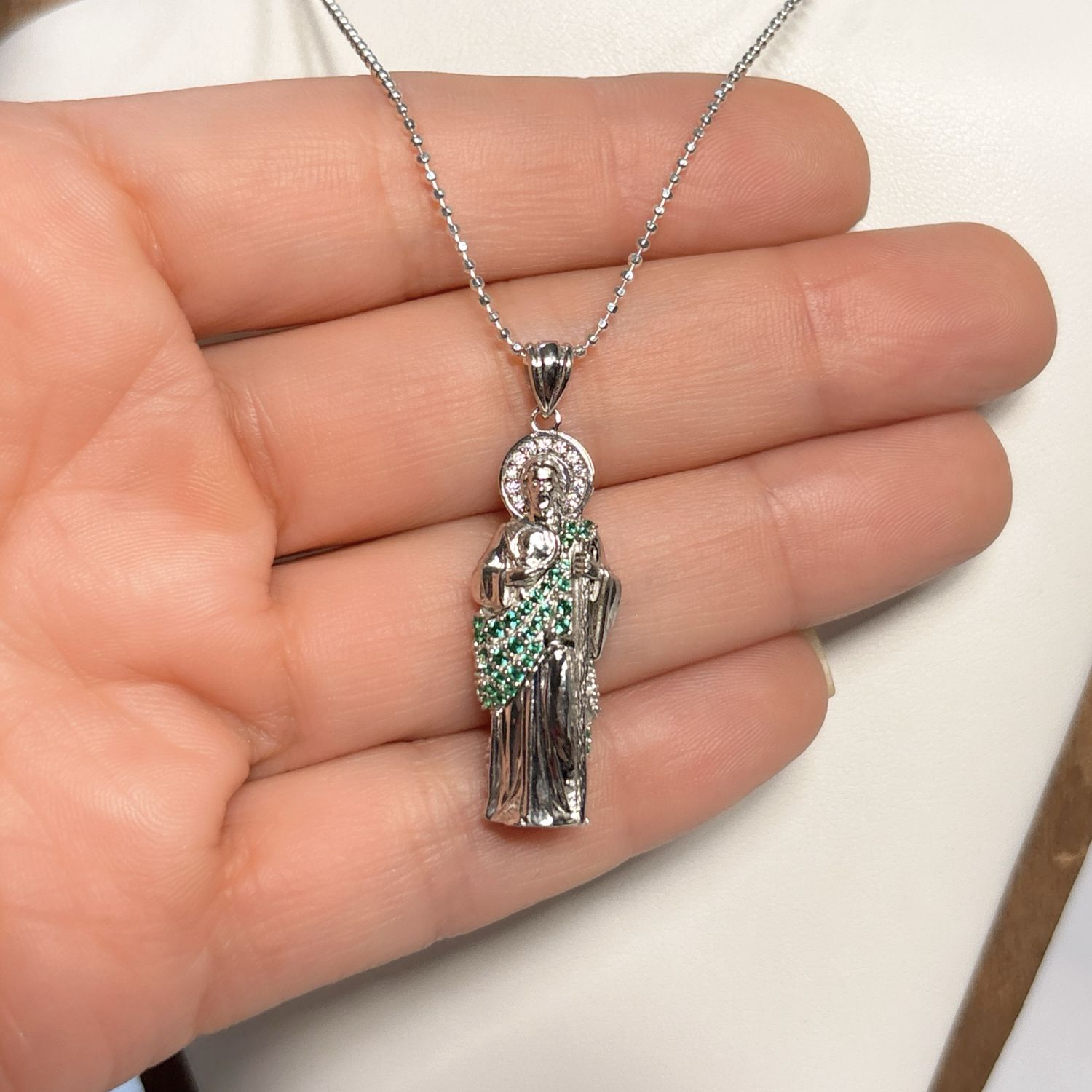 Duo Cadena Y Dije San Judas Verde 3D Micropabe, Plata Italiana con Rodio