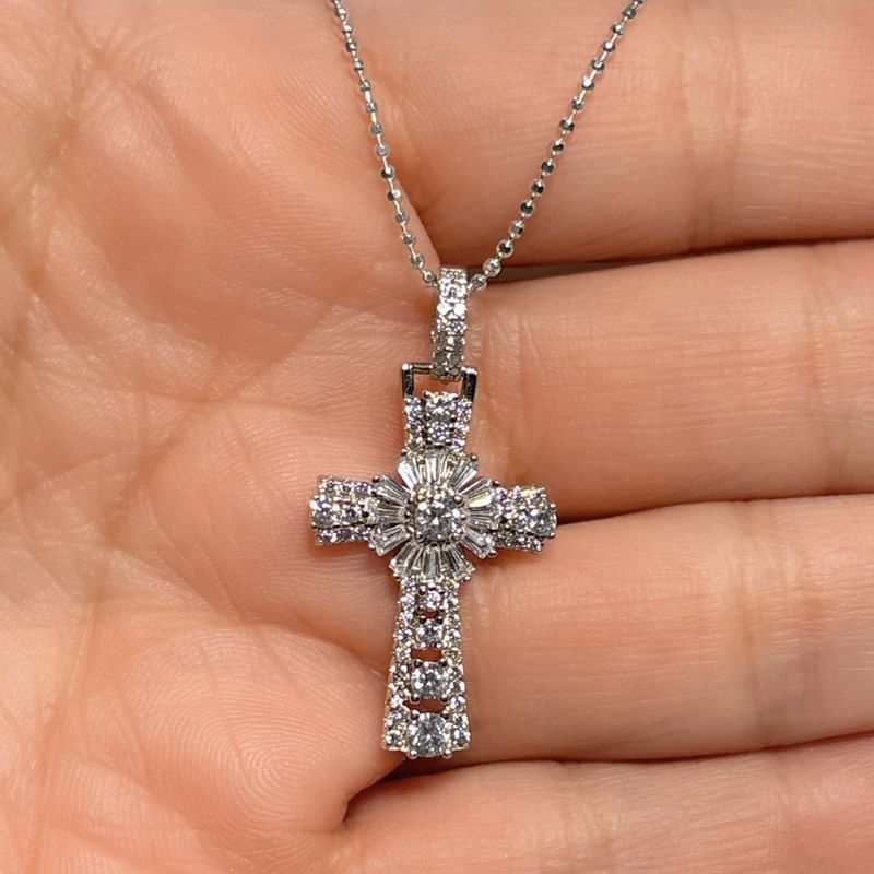 Duo Cadena &amp; Dije Cruz Fancy Micropabe Estilo Bagett, Plata 925 Italiana.