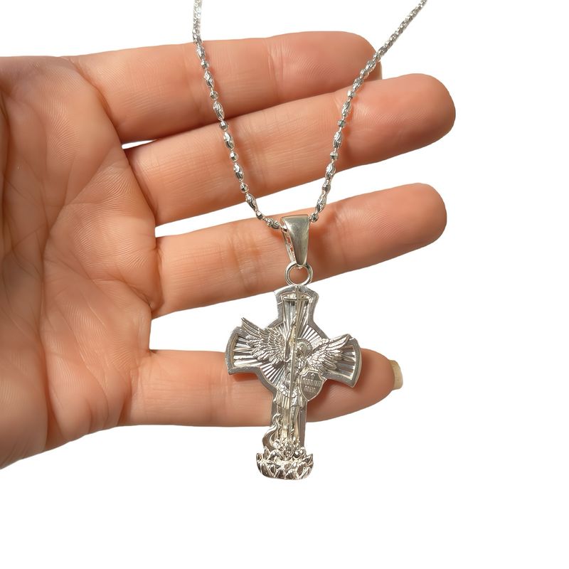 Duo Cadena &amp; Dije Cruz San Miguel Arcangel Plata Mexicana 925