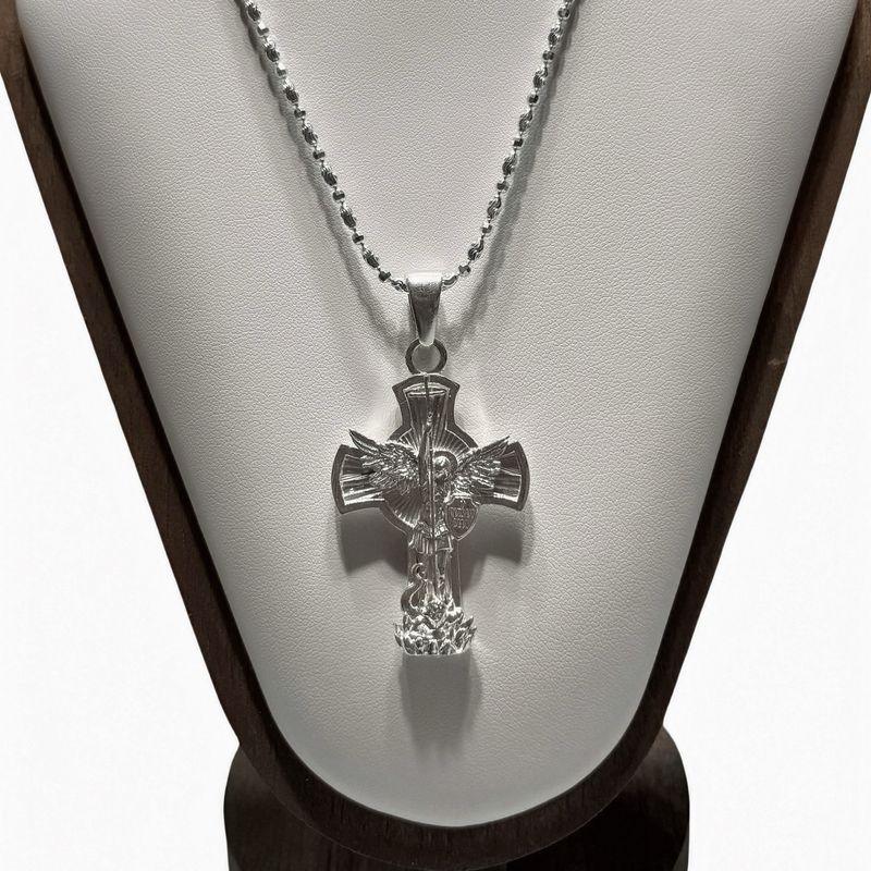 Duo Cadena &amp; Dije Cruz San Miguel Arcangel Plata Mexicana 925