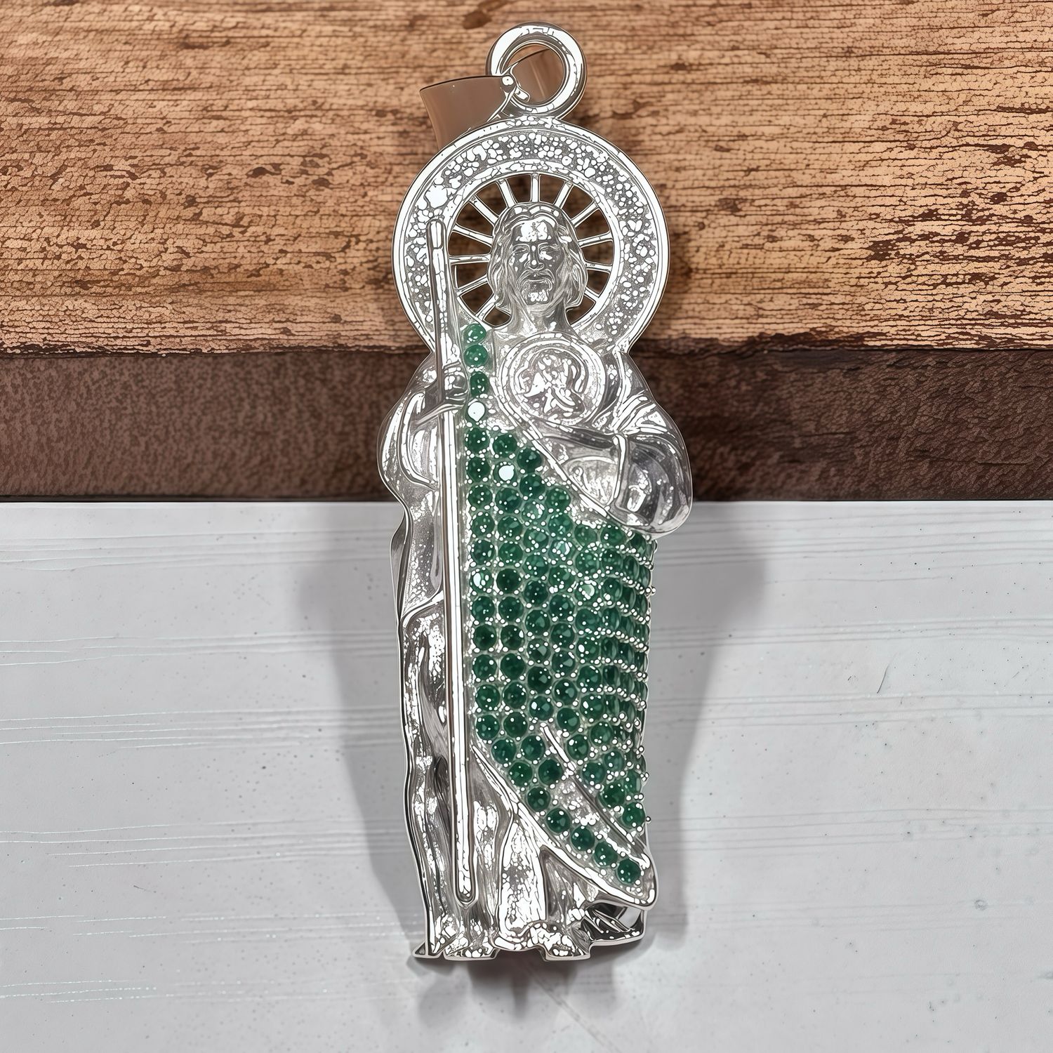 Dije San Judas manto Verde, mide 5CM, Plata Mexicana 925