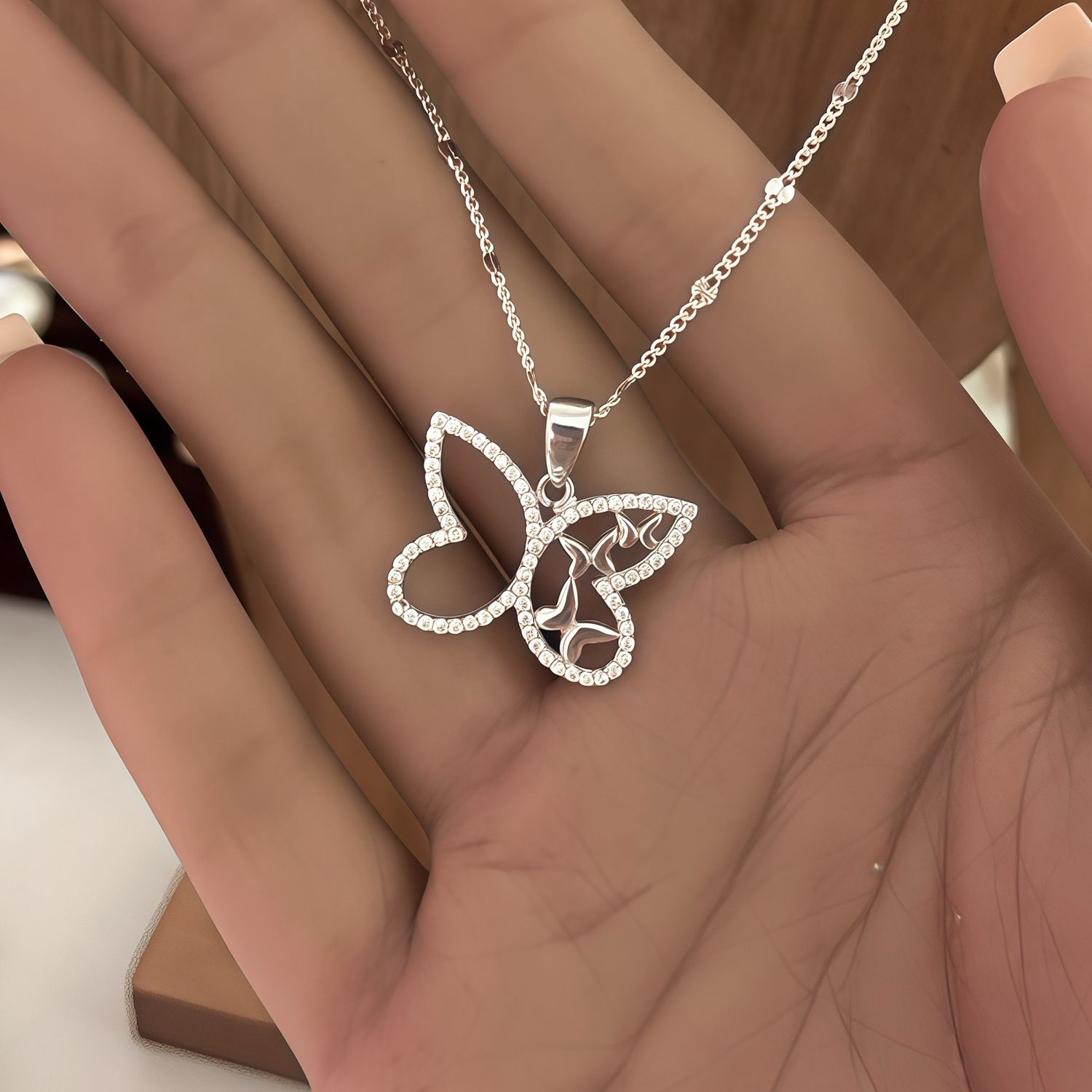 Duo Cadena Fancy y Dije de Mariposa Cadena mide 22 de largo 2mm de ancho plata 925 Mexicana