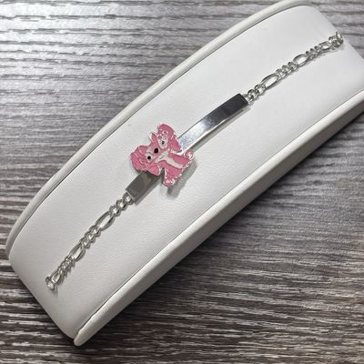 Pulsera Figaro con placa Animalito Rosa 5" de largo, 3mm de ancho, Plata 925 MX