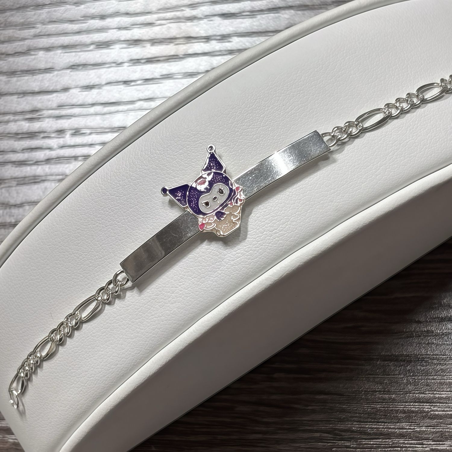 Pulsera Figaro con placa Gatita  5" de largo, 3mm de ancho, Plata 925 MX