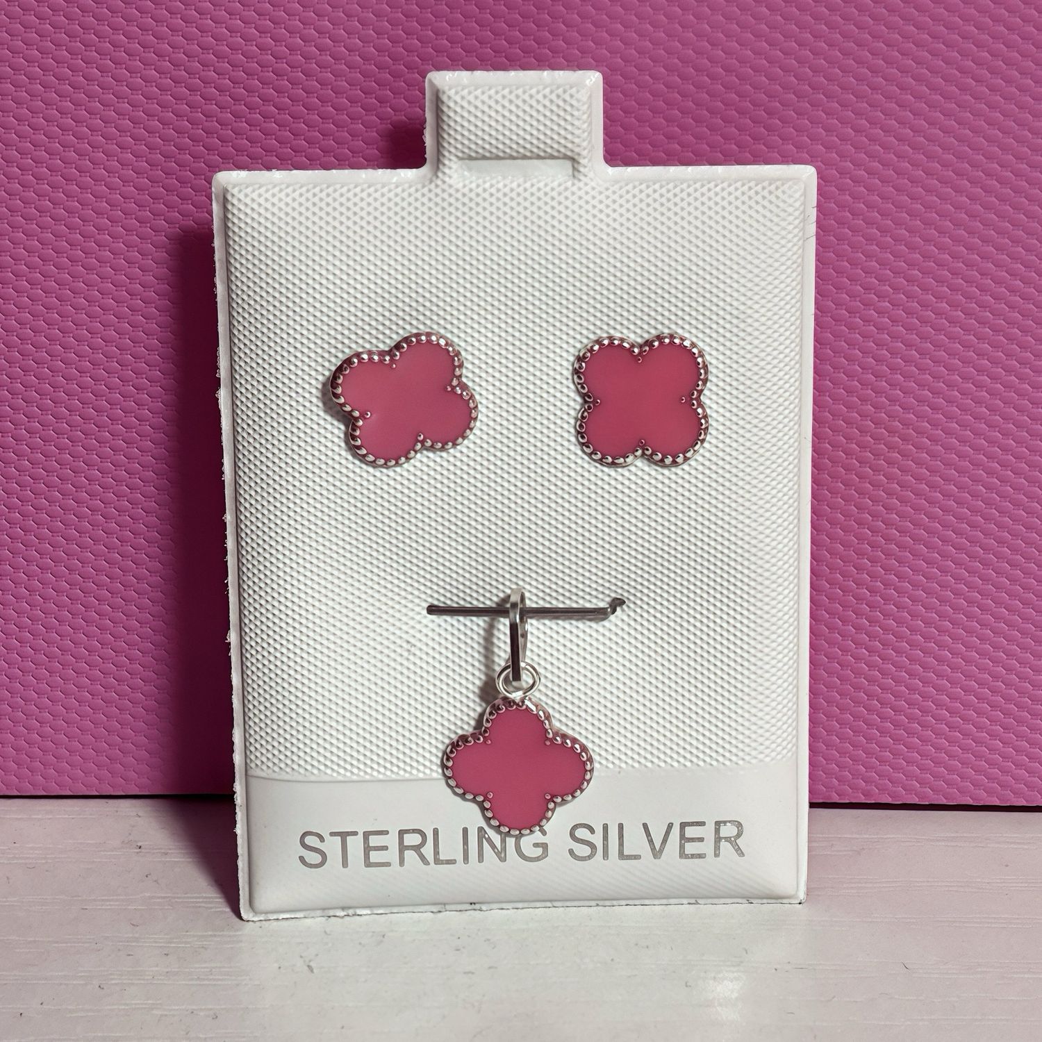 Aretes y Dije Trebol mini Rosa esmaltado plata 925 Mexicana