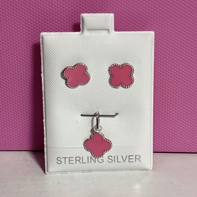 Aretes y Dije Trebol mini Rosa esmaltado plata 925 Mexicana