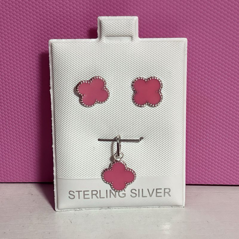Aretes y Dije Trebol mini Rosa esmaltado plata 925 Mexicana