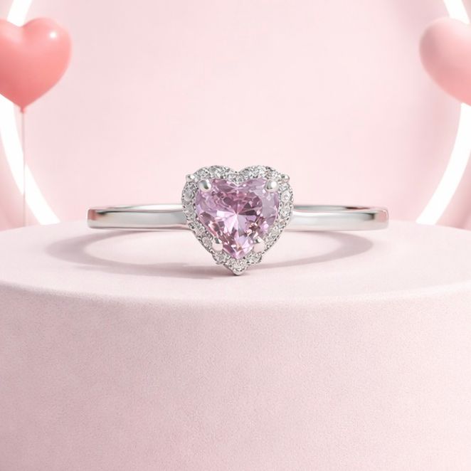 Anillo Corazon Zirconia Rosa, Plata 925 Mexicana.