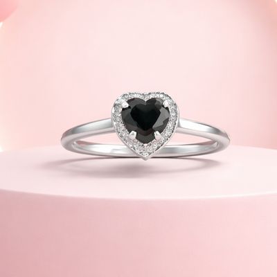 Anillo Doble Corazon Brillante Negro con Blanco, Plata 925 Mexicana