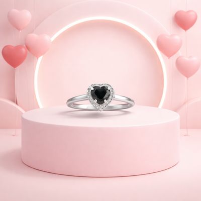Anillo Doble Corazon Brillante Negro con Blanco, Plata 925 Mexicana