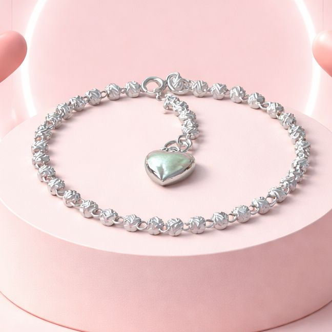 Pulsera Bolita Facetada Corazon 3D, mide7.5" de largo, Plata 925 MX.