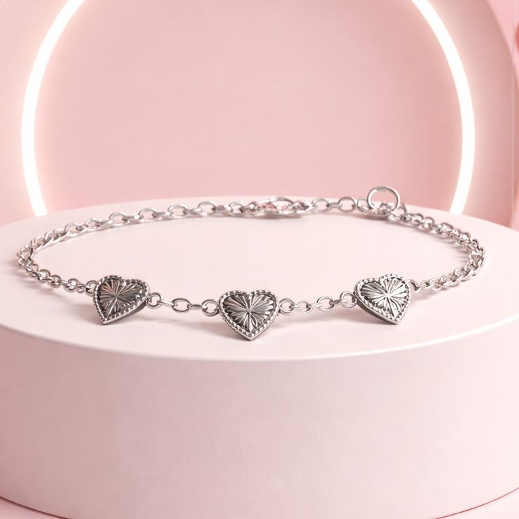 Pulsera solida Corazones Diamantados, mide 8" de largo, Plata 925 Mexicana.
