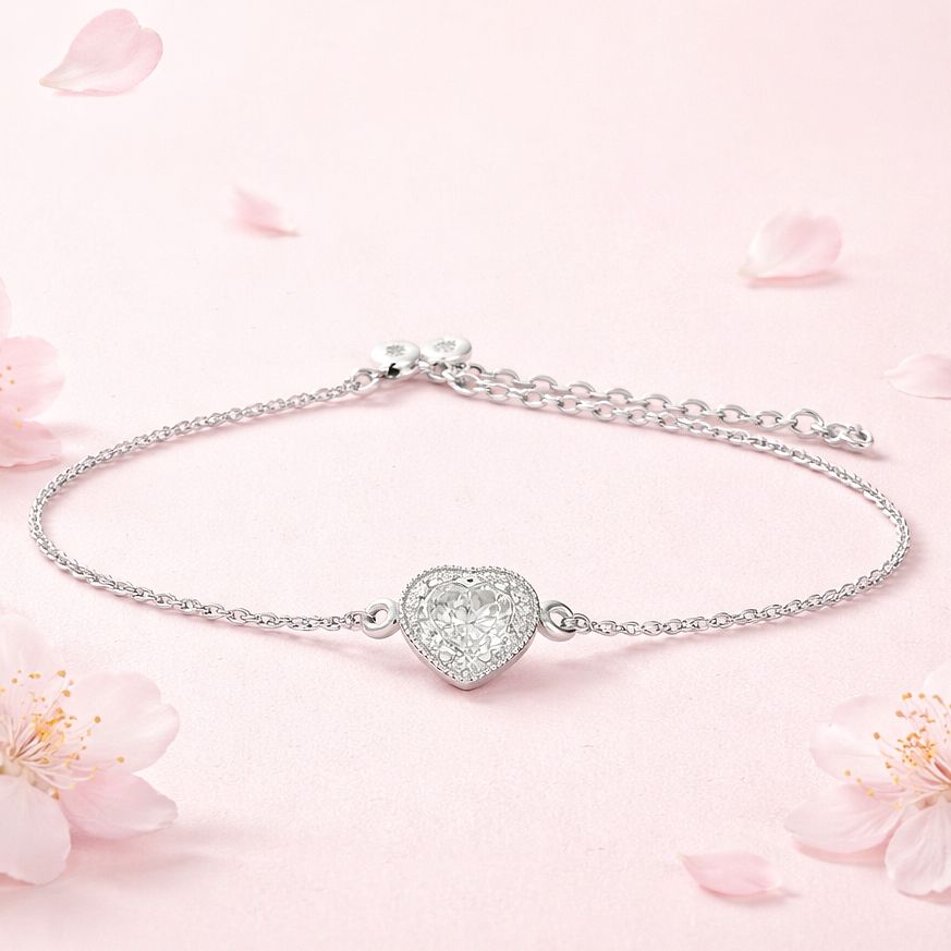 Pulsera PND corazón blanco, Micropabe 7-8” con extensión  plata 925 mexicana