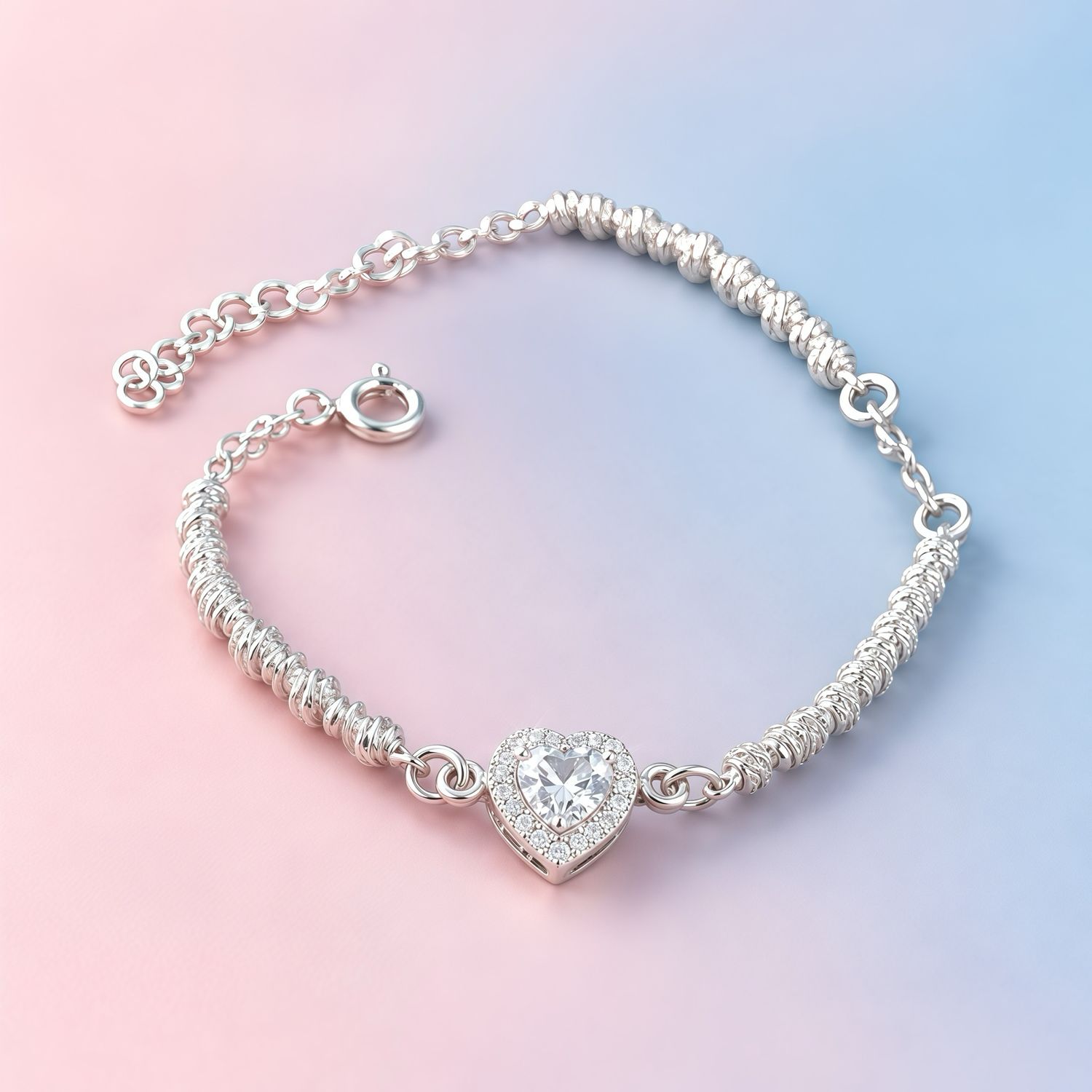 Pulsera PND corazón blanco, Micropabe 7-8” con extensión  plata 925 mexicana