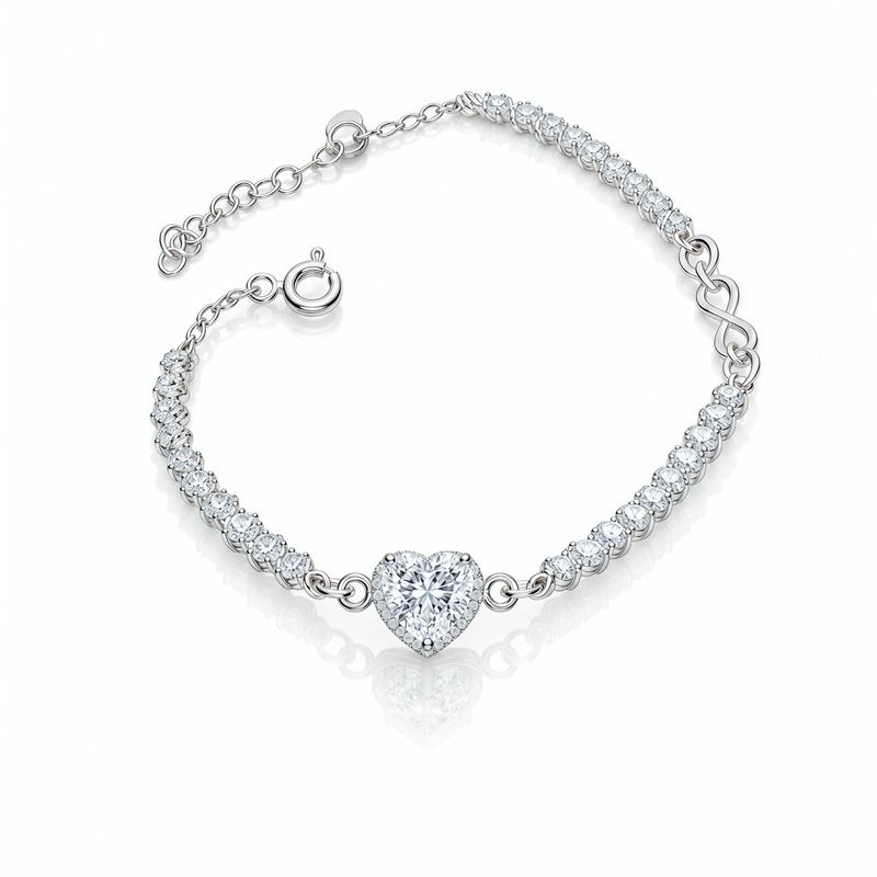 Pulsera PND corazón blanco, Micropabe 7-8” con extensión  plata 925 mexicana