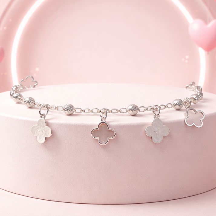 Pulsera Trebol Bola Facetada mide 7", Plata 925 MX.