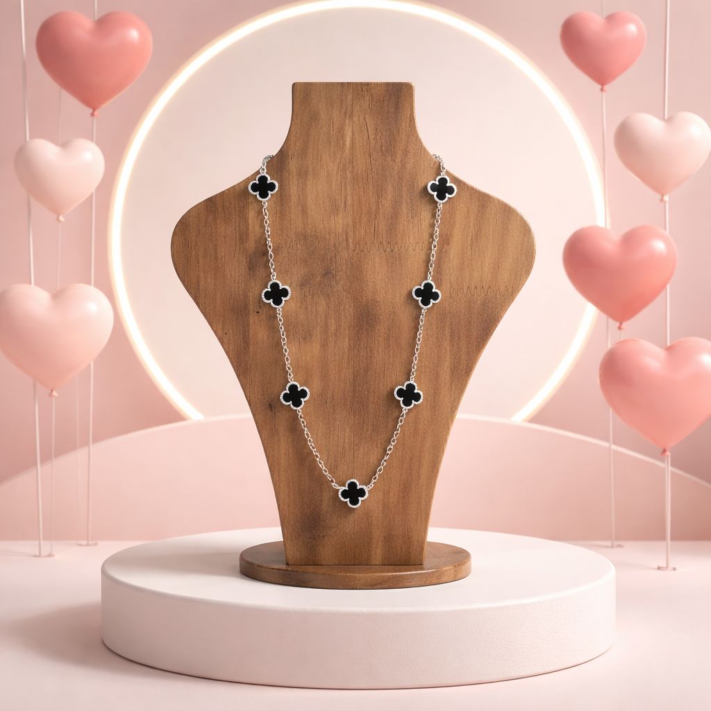 Gargantilla Trebol esmaltado Negro Van, 18" de largo, Plata 925 Mexicana