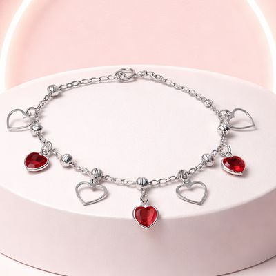 Pulsera Corazones Colgantes Rojos, mide 7.5" de largo, Plata 925 MX.