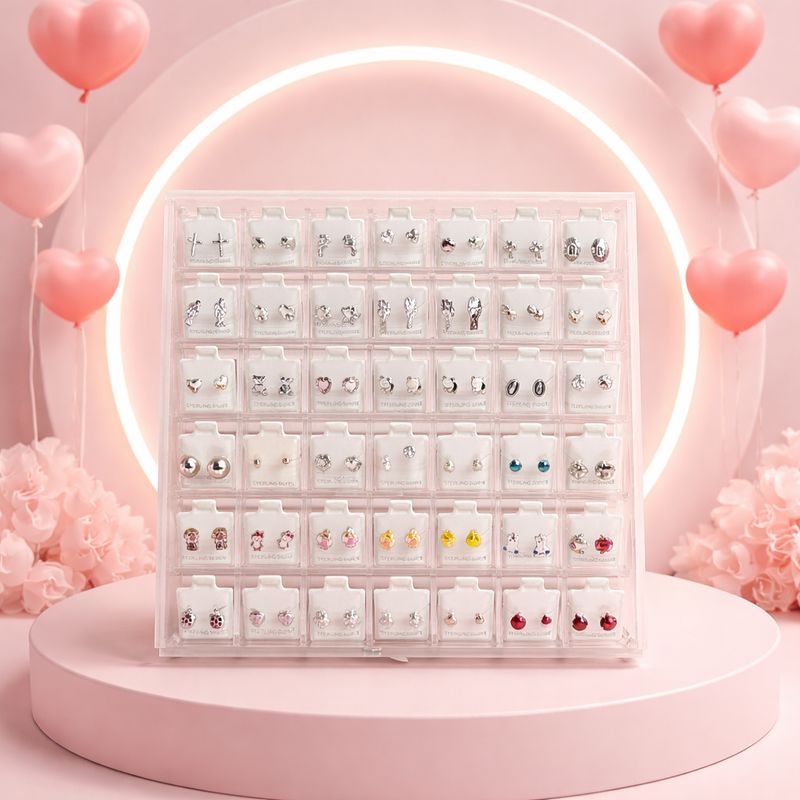 Caja Aclilica con 36 pares de Broquel en Plata 925 MX