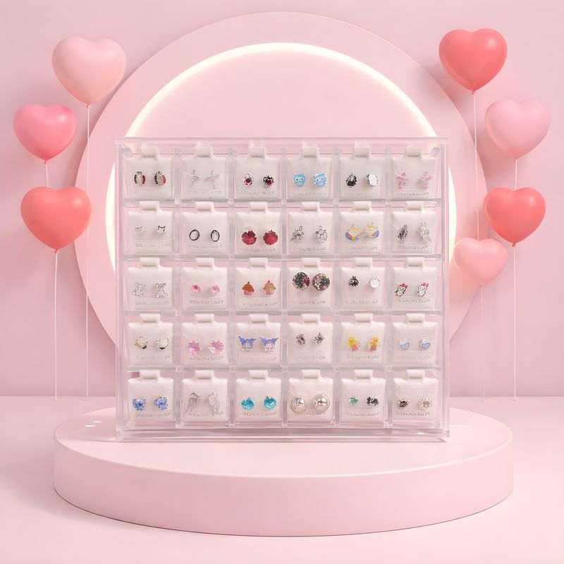 Caja acrílica con 36 pares de broquel plata nueve 25 mexicano