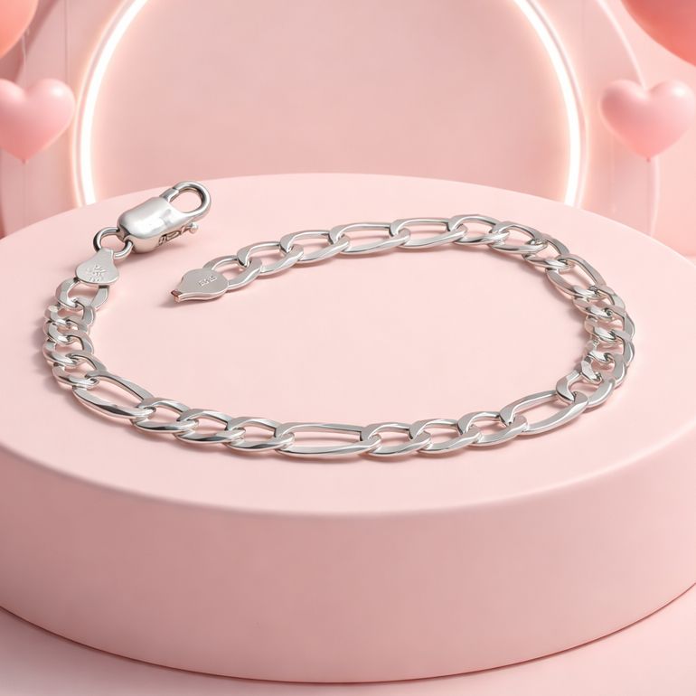 Pulsera estilo Figaro liso, 7MM de ancho, 7" de largo, plata 925 Italiana.