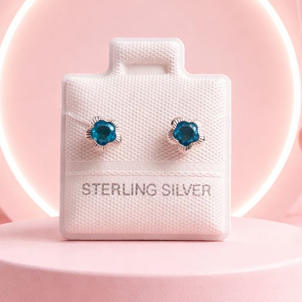 Broquel Florecita Bisel Diamantada Azul, 5MM Plata 925. MX