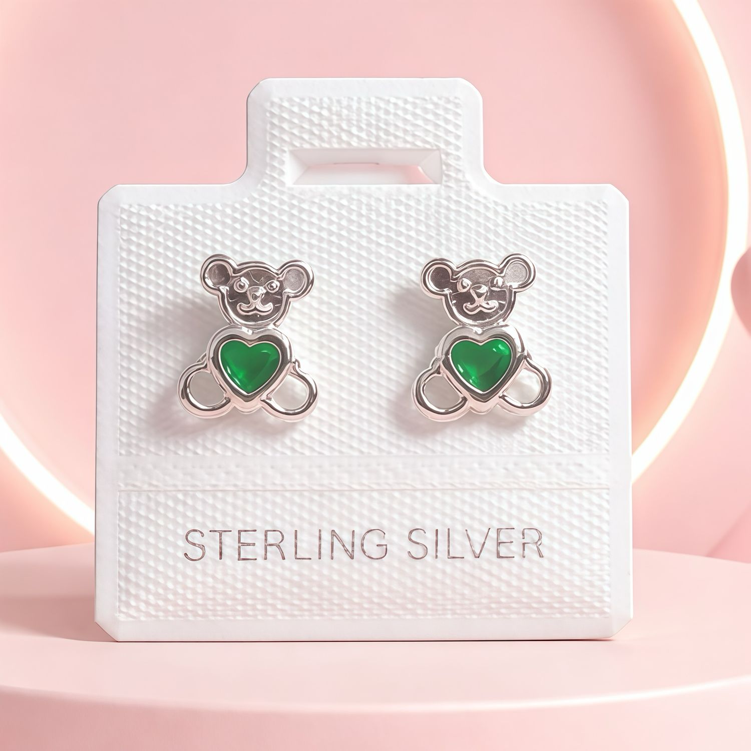 Broquel Osito Verde broche de bolita Plata 925 MX