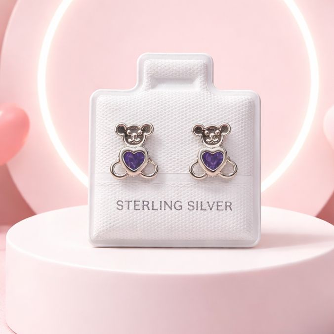 Broquel Osito Morado broche de bolita Plata 925 MX