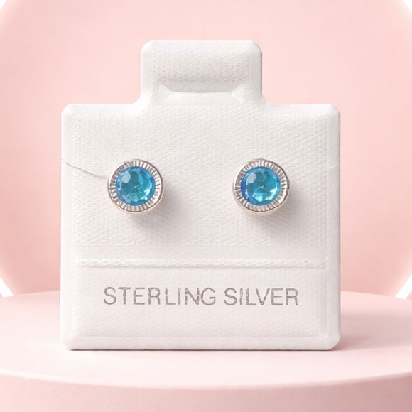 Broquel Bisel Diamantado redondo 5MM Aqua, broche de Bolita, Plata 925 MX