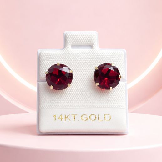 Broquel Redondo Zirconia Roja 8MM, Oro 14K. MX