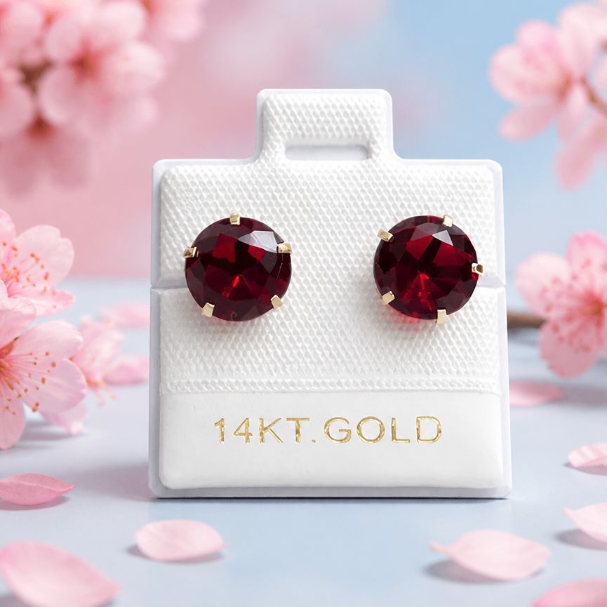 Broquel Redondo Zirconia Roja 8MM, Oro 14K. MX