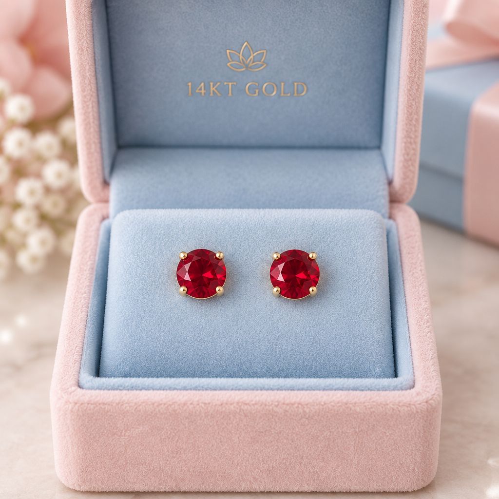 Broquel Redondo Zirconia Roja 8MM, Oro 14K. MX