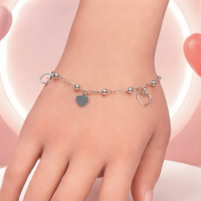 Pulsera Corazon Liso y silueta , mide 7.5" de largo, Plata 925 MX